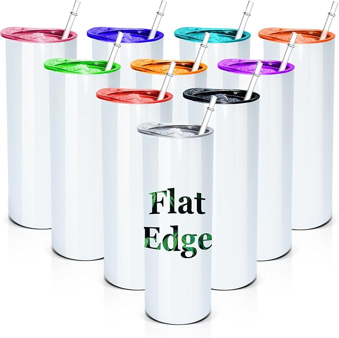 AGH 10pcs 20 oz Sublimation Tumbler Flat Edge Blanks, 20oz Sublimation Tumblers Skinny Straight Cups Bulk with Colorful Lid, Individual Box, Plastic Straw For Coffee Drinks