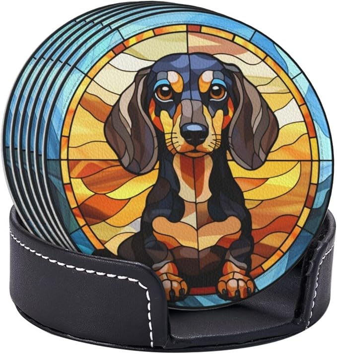 Drink Coaster Set of 6, Dachshund Dog Mom Lover Gift,Leather Drink Coasters with Holder,6 Pack Cup/Bar/Drink Coasters for Table/Drinks/Coffee Protection Housewarming Gift