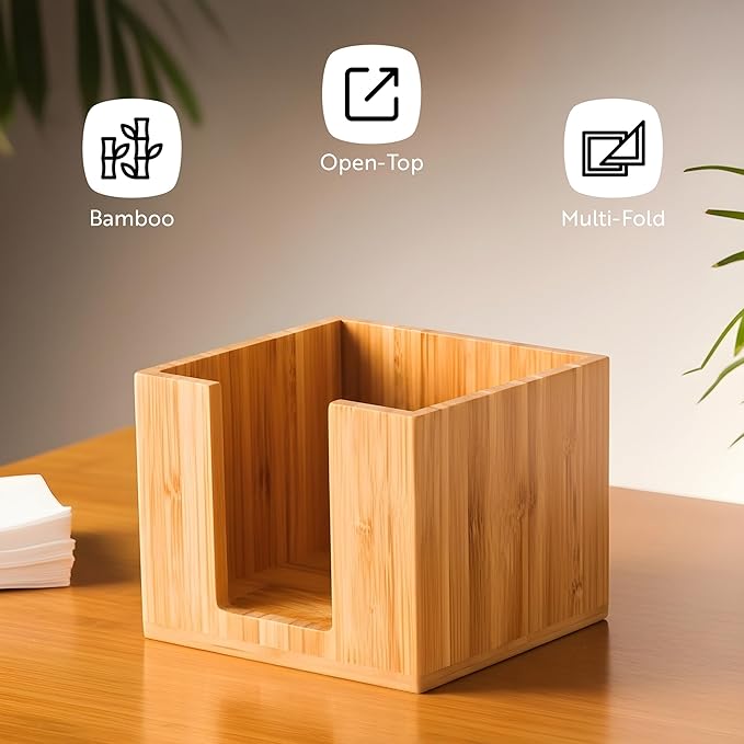 5.5 x 4 Inch Cocktail Napkin Holder, 1 Square Flat Napkin Holder - For Bars, Kitchen Tables, or Countertops, Sturdy, Natural Bamboo Tissue Napkin Holder, Dining Room Decor - Restaurantware