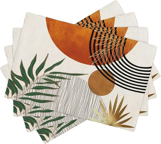 Mid Century Placemats 12x18 Inches Set of 4, Modern Boho Green Orange Tropical Leaf Decorative Rectangle Table Mats for Party, Home Kitchen,Dining Table Decoration