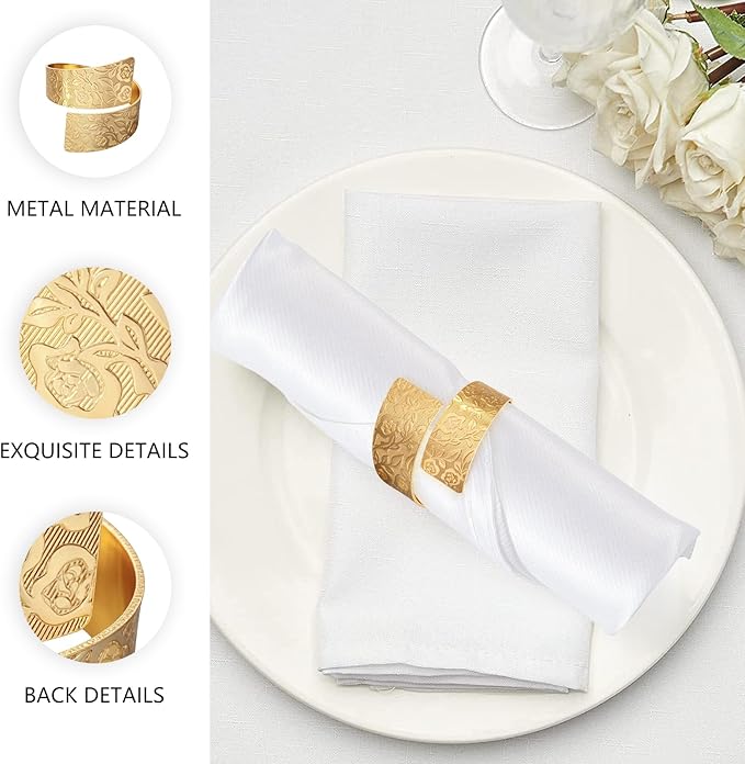 Napkin Rings Set of 12, Irregular-Shaped Metal Napkin Holders with Rose Patterns for Wedding Dining, Holiday Table Decor, Perfect for Home Chefs & Party Planners（Gold）