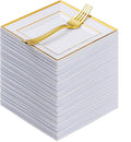 Goodluck 240PCS 6.5" Square Gold Dessert Plastic Plates with 7.4" Forks, Gold Appetizer Plates for 120 Guests, Including 120 Disposable Cake Plastic Plates and 120 Forks for Wedding/Birthday Party