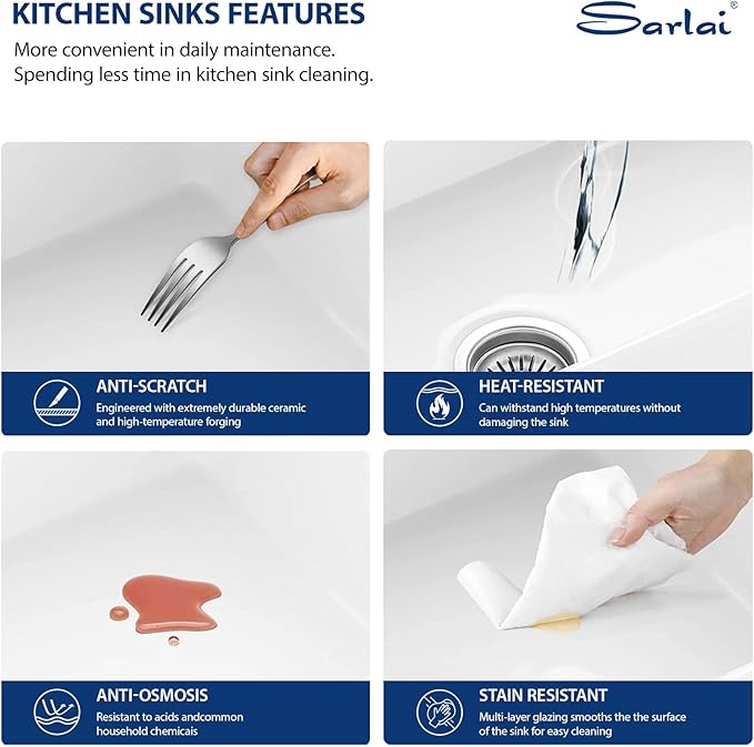 Sarlai 27 Inch White Undermount Sink Fireclay 27x19 Inch White Kitchen Sink Dual Drop in & Undermount Kitchen Sinks Single Bowl Deep Porcelain Ceramic Basin
