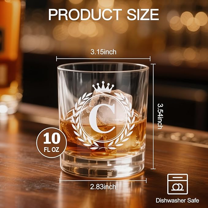 Whiskey Glasses - Rocks Old Fashioned Glass Gifts for Men, Monogrammed A-Z 10oz Personalized Whisky Glasses, Christmas Birthday Gifts for Men Him Dad Father Husband Brother Son (C)