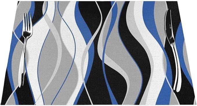 Placemats Set of 6 Black and Blue Place Mats White Grey Striped Modern Abstract Woven Table Mats Washable PVC Placemat for Dining Kitchen Decor Indoor Outdoor, 12 x 18 Inch