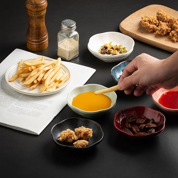 4.4Oz Kiln-Changed Dipping Bowls, 4.3 Inches Ceramic Flower-Shaped Soy Sauce Dishes, Small Appetizer/Side Plates Set of 4 (white)