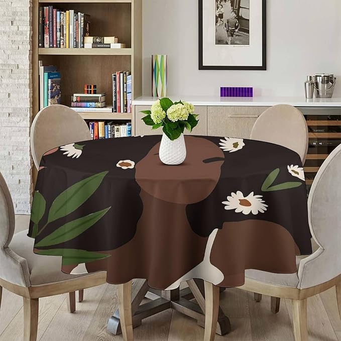 Bohemian Retro Mid Century Round Tablecloth, African Woman Girl Leaves Flower Tablecloth for Home Party Dining Room Kitchen Decor 60Inch(152cm)