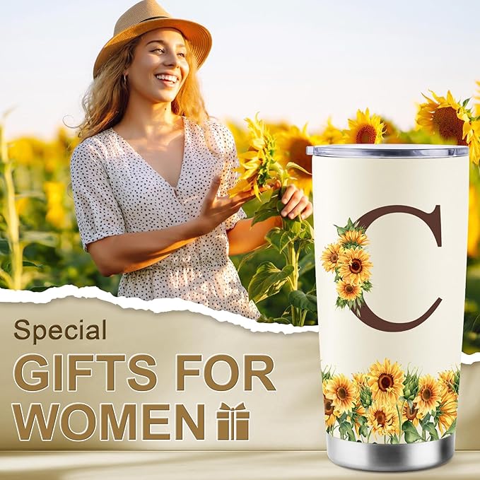 Sunflower Gifts for Women - Personalized Christmas Gifts for Women - Birthday Gift for Woman - Mothers Day Gift for Mom - Monogrammed, Initial 20oz Travel Cup Insulated Tumbler with Lid, C