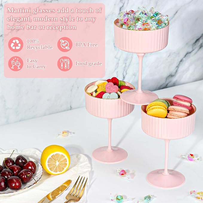 XUWAIDSGN 24 Pcs Champagne Martini Glasses 9 Oz with Gilded Removable Gold Rim Coupe Glasses Pink Martini Glasses Plastic Mimosa Vintage Coupe Glasses Set For Wedding Anniversary (24, Solid Pink)