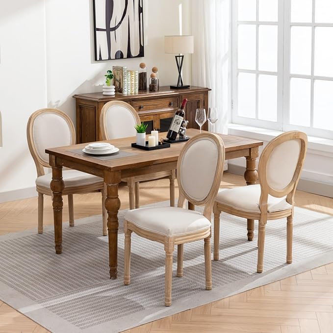 Vintage French Dining Chairs Set of 6, Round Back Accent Chairs with Linen Seat and Solid Wood Frame, Farmhouse Sillas de Comedor Upholstered for Dining Room & Kitchen, Beige