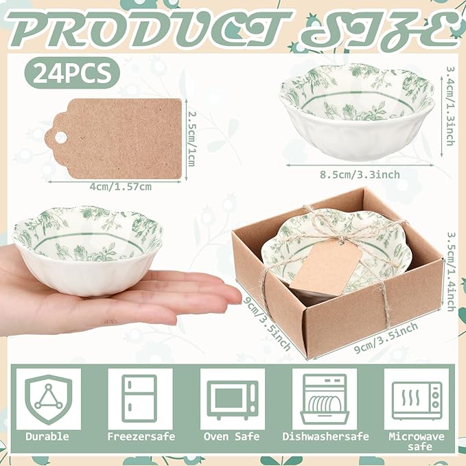 24 Pcs Wedding Favors for Guests Small Ceramic Bowl Bulk Gifts Set 3.3 Inch Floral Design Mini Dipping Sauce Dish with Card Box for Bridal Pooja Baby Shower Birthday Guest Gift (Sage Green)