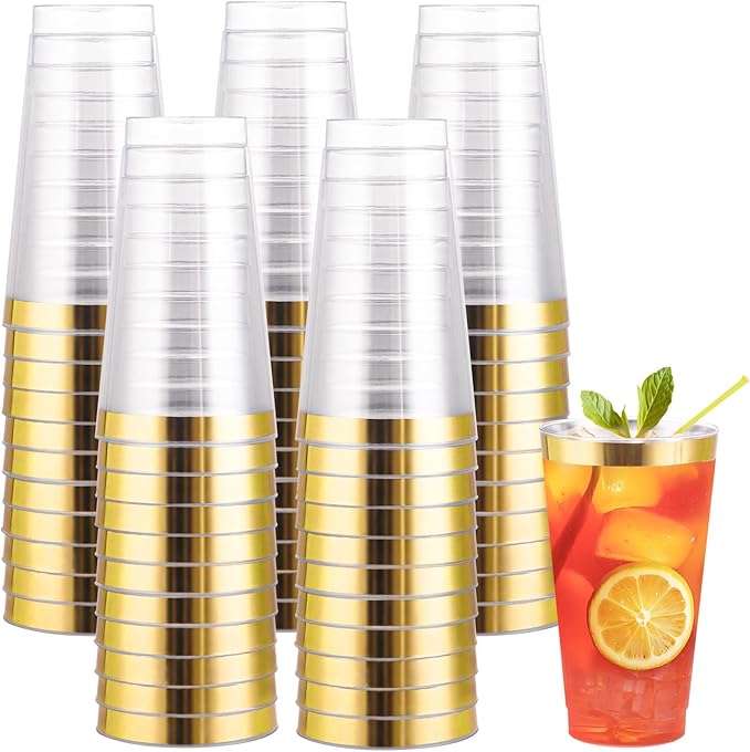 I00000 16 oz Gold Plastic Cups, 50 Pack Clear Plastic Cups Tumblers Gold Rimmed Disposable Cup, Heavy-duty Disposable Cup Perfect for Birthday, Wedding & Party
