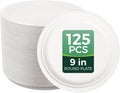 100% Compostable 9 inch Paper Plates, [125-Pack] Disposable Party Plates, (BPI Certified)-Heavy Duty, Eco-Friendly Dinner Paper Plates, Biodegradable Sugarcane Plates, white