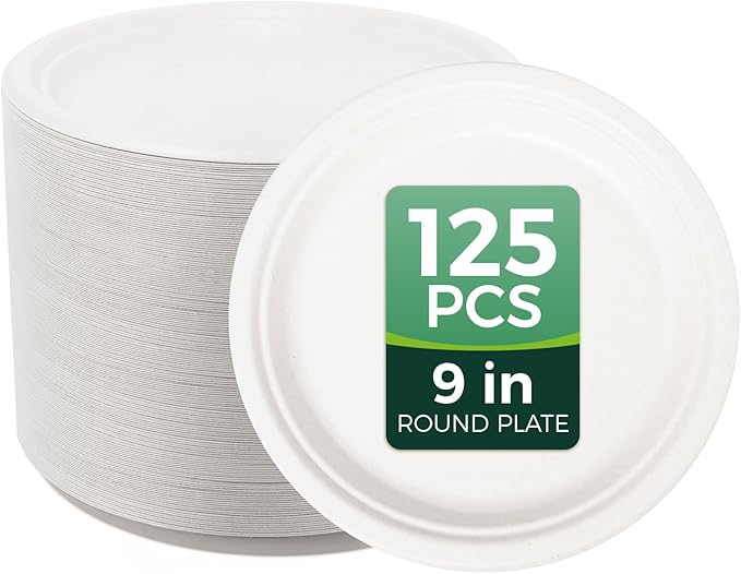100% Compostable 9 inch Paper Plates, [125-Pack] Disposable Party Plates, (BPI Certified)-Heavy Duty, Eco-Friendly Dinner Paper Plates, Biodegradable Sugarcane Plates, white
