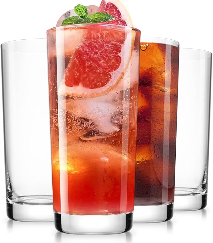 Drinking Water Glasses Set of 4, 15.5oz Highball Glasses, Lead-Free Crystal Glassware with Unique Wide Mouth, Thoughtful Gifts for House Warming, Birthdays, Everyday Life