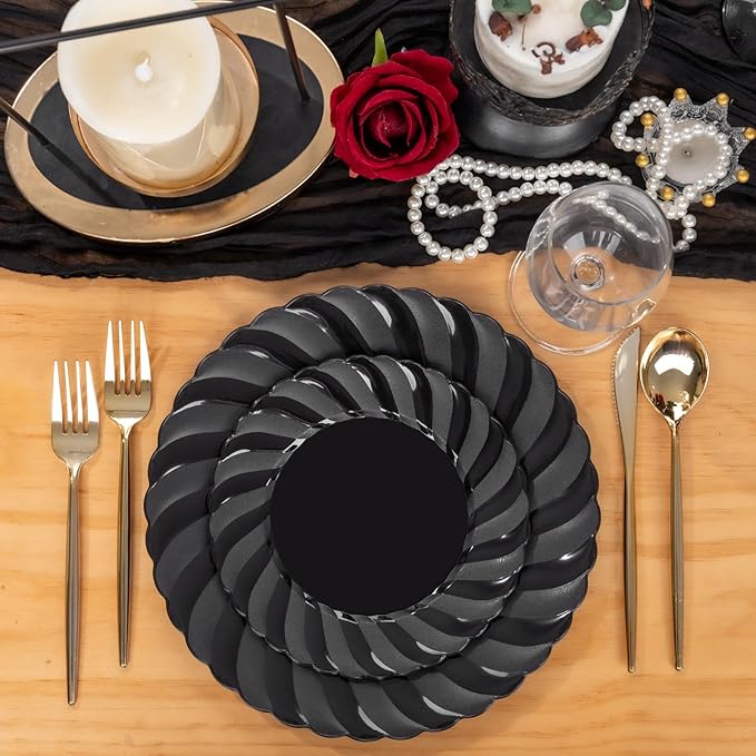U-QE 60 Pcs Black Plastic Plates for Party – Black Plastic Disposable Heavy Duty – Include 30 10.25" Dinner & 30 7.25" Dessert Plate - Perfect for Parties, Weddings