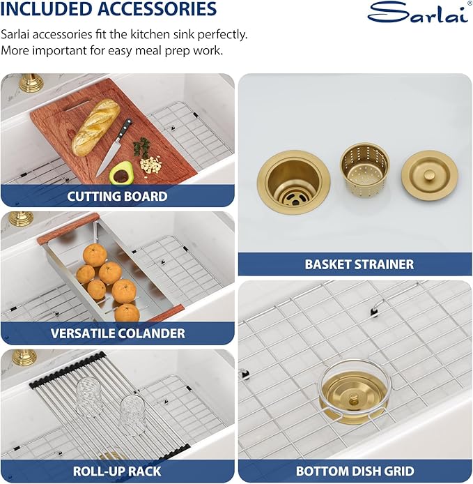 Sarlai 33 Inch Farmhouse Sink White Kitchen Sink Apron Front 33 x 20 Ledge Workstation Farm Fireclay Porcelain Ceramic Undermount Farmer Farm Kitchen Sinks Basin With Gold Drainer