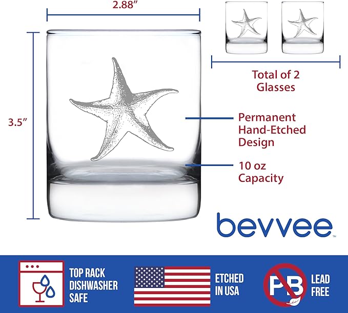 Bevvee Starfish Rocks Glass - Beach Themed Decor and Decorative Ocean Glassware Gifts for Women and Men - Set of 2-10.25 Oz Glasses