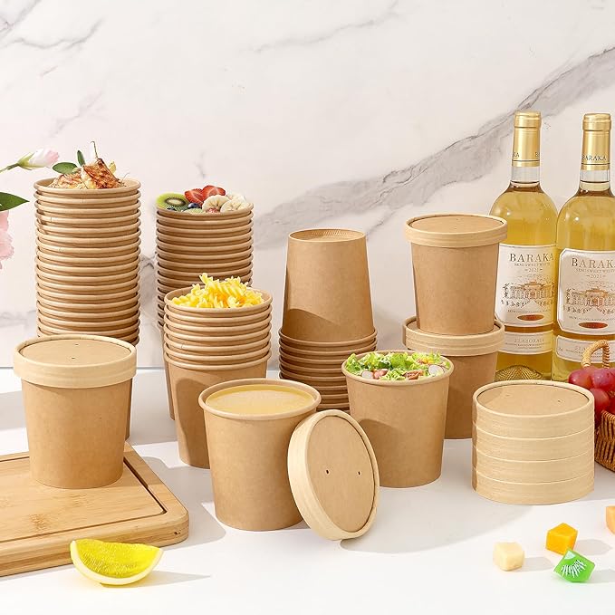 100Pack 12oz Paper Soup Container Cup with Vented Lids, Disposable Paper Food Container Kraft Dessert Bowl Soup Bowls, Microwavable and Freezer Safe for Hot Soup, Ice Cream (100 Pcs - Kraft, 12 oz)