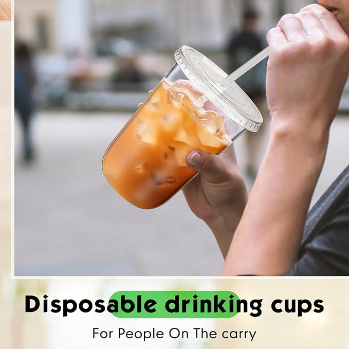 50 Sets Clear Plastic Cups with Lids and Straws, Disposable Iced Coffee Cups Drinking PET for Cold Drinks, Juice, Smoothie, Coffee Shops, Party, Christmas(Clear,16 oz)