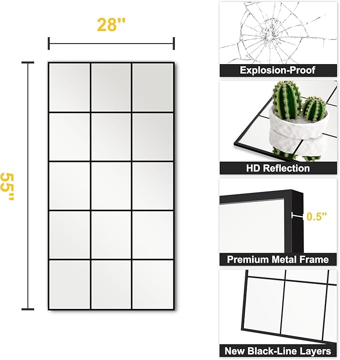 Large Window Pane Full Length Mirror for Wall, 55"x28" Black Rectangular Wall Mirror for Living Room, Bedroom, Entryway, Hanging or Leaning