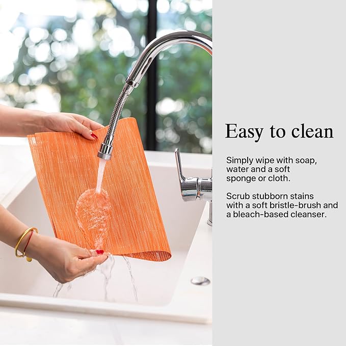 Placemats Set of 8 - Easy Clean Woven Vinyl Placemats for Dining Table, Indoor/Outdoor Place Mats, Washable PVC Table Mats （Orange）