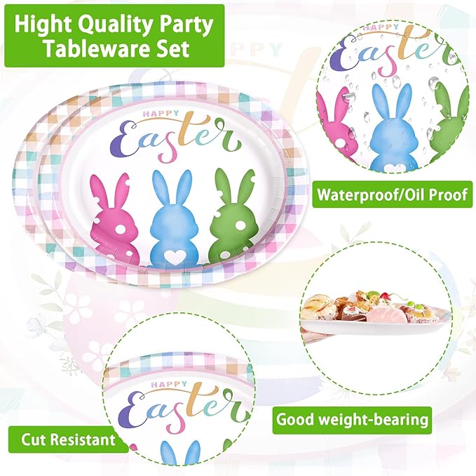 50 Pcs Easter Oval Paper Plates 10" x 12" Large Easter Bunny Egg Plates Heavy Duty Disposable Rabbit Dinner Plate Colorful Plaid Platters for Spring Holiday Baby Shower Birthday Party Supplies Decor