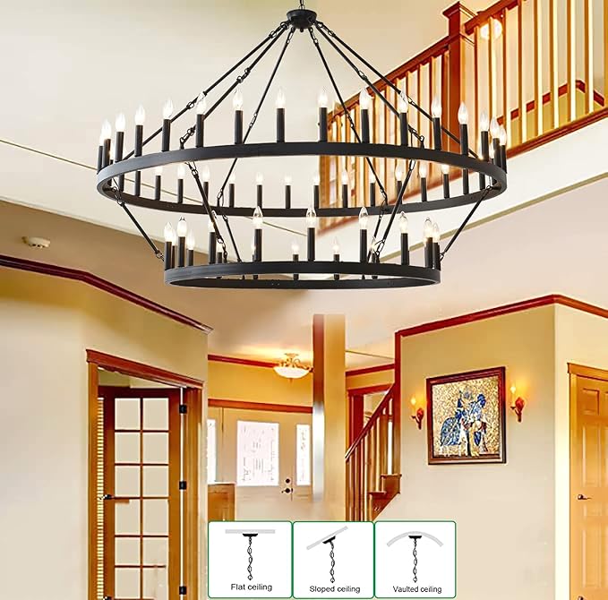 60 Inch Large Black Wagon Wheel Chandelier,2 Tier 54-Lights Farmhouse Industrial Country Style Round Pendant Light Fixture for Outdoor Porch high Ceilings Living Dining Room Foyer Entryway