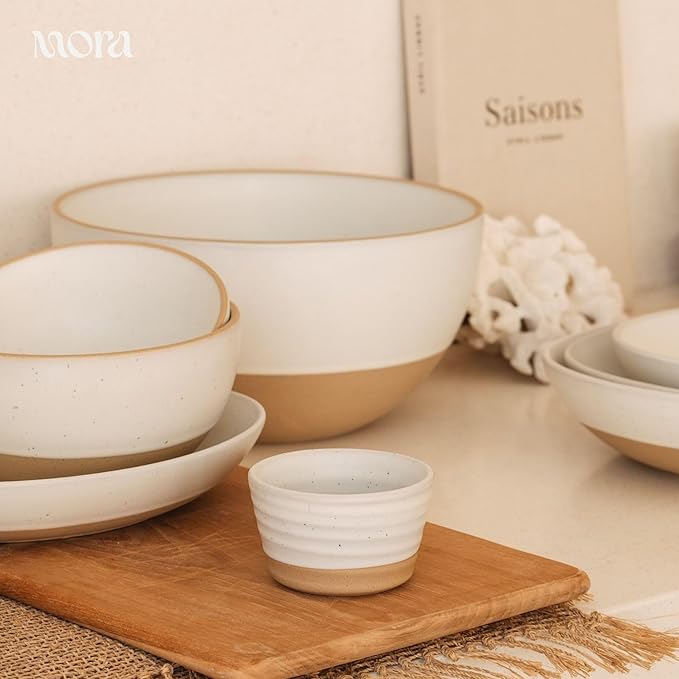 MORA Mega and Giant Bowls Set of 2, 5.5 and 3.5 Qt Ceramic Pottery Mixing Bowls - Microwave and Dishwasher Safe - Oat