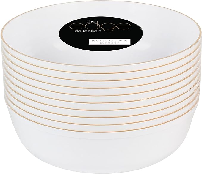 [30 Pack 16 OZ Bowls] Edge Collection White with Gold Rim Plastic Party Soup Bowls Premium heavyweight Elegant Disposable Tableware Dishes