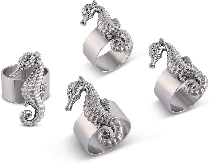 Arthur Court Designer Quality Metal Sea Horse Napkin Rings, Set of 4 - Perfect for Beach House, Coastal Chic, Nautical Decor