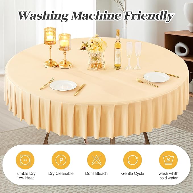 2 Pack Champagne Spandex Round Tablecloths for 60 inch Tables, Stretchy Fitted 5FT Round Table Cloths with Skirt for Wedding Party Dining Banquet