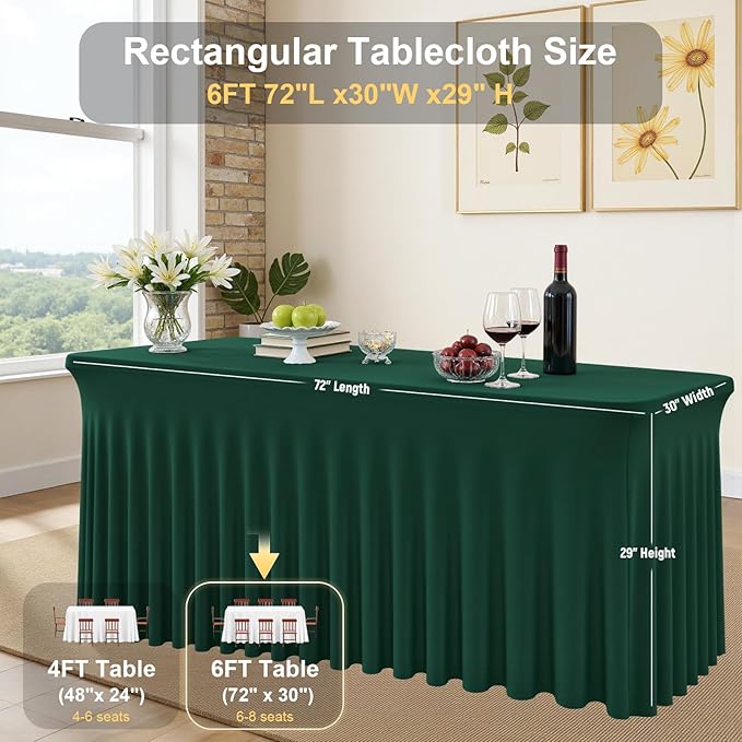 2 Pack Dark Green 6FT Rectangle Spandex Tablecloths, Stretch Fitted Table Covers for 6 Foot Tables, Wrinkle Free Table Clothes for Christmas Party Holiday Wedding Banquet Dinner Decoration