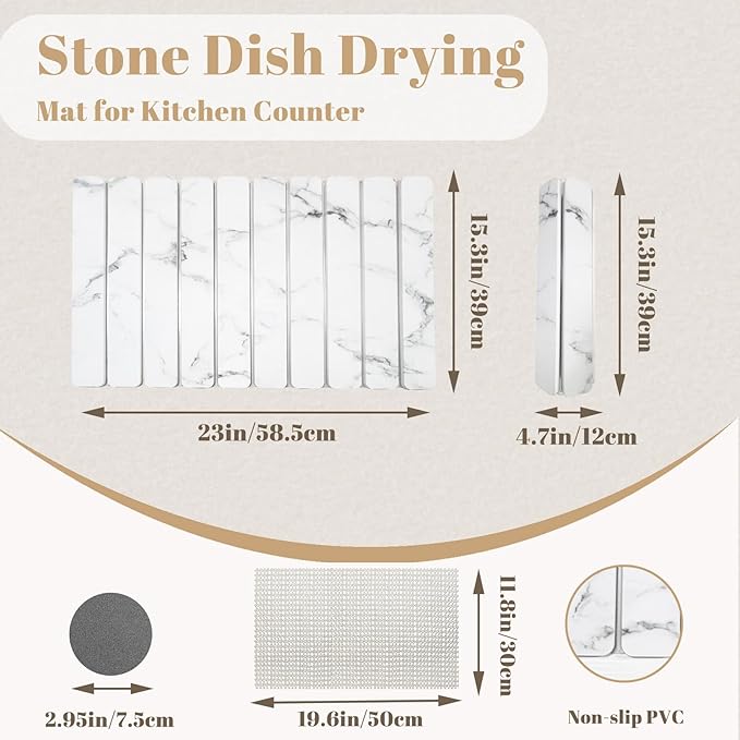 Large Stone Drying Mat for Kitchen Counter, Collapsible Dish Drying Mat Quick Drying Super Absorbent Diatomaceous Earth Mat, Drain Pad for Dishes Bottles Cups Match Any Countertop 24" x 16"