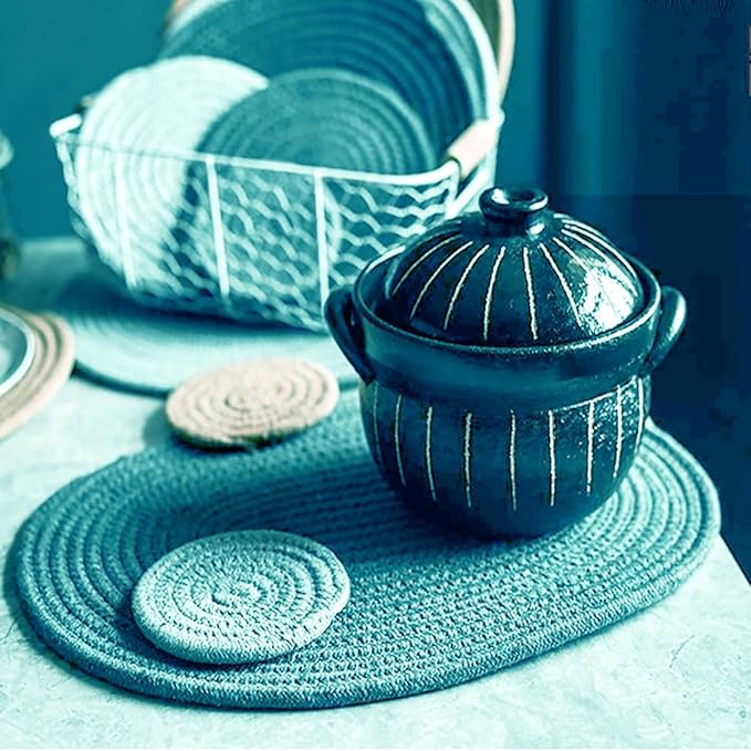 Braided Placemats Set of 6, Cotton Fabric Oval Table Mats Non Slip Washable 16 * 12 inch Oval Place Mats, 6 Pack Grey Woven Placemats