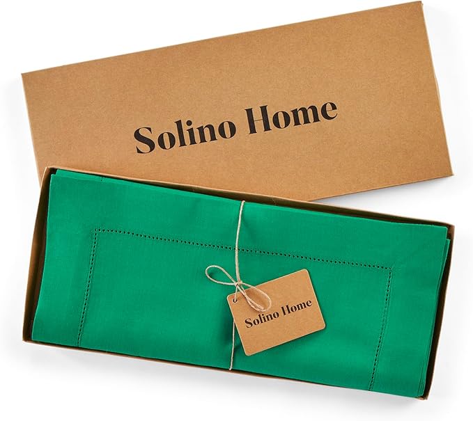 Solino Home Linen Emerald Green Hemstitch Table Runner 48 Inches - 100% Pure Linen Small Table Runner 14 x 48 Inch Ideal for Dresser and Coffee Tables - Classic Hemstitch - St Patricks Day
