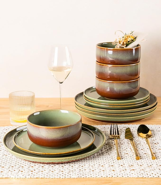 TheTerra Ceramic Dinnerware Sets for 6, 18 Pieces Handmade Reactive Glaze Plates and Bowls Set, Scratch Resistant Dish Set, Oven & Microwave & Dishwasher Safe, Service for 6, Sage Umber