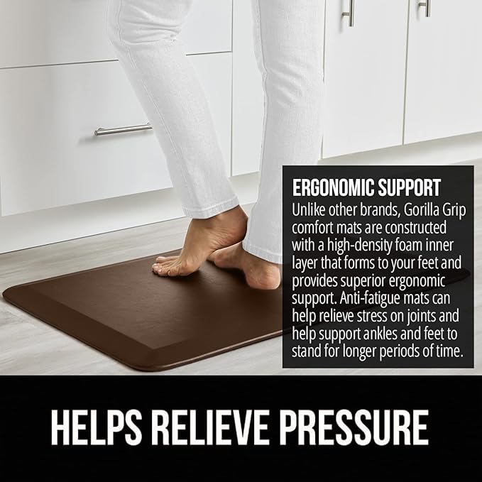 GORILLA GRIP Comfortable Cushioned Kitchen Mats for Floor, Waterproof and Stain Resistant Soft Top, 3/4 Inch Thick Ergonomic Standing Desk Anti Fatigue Mat, Foam Supports Ankles and Feet, 20x32, Brown