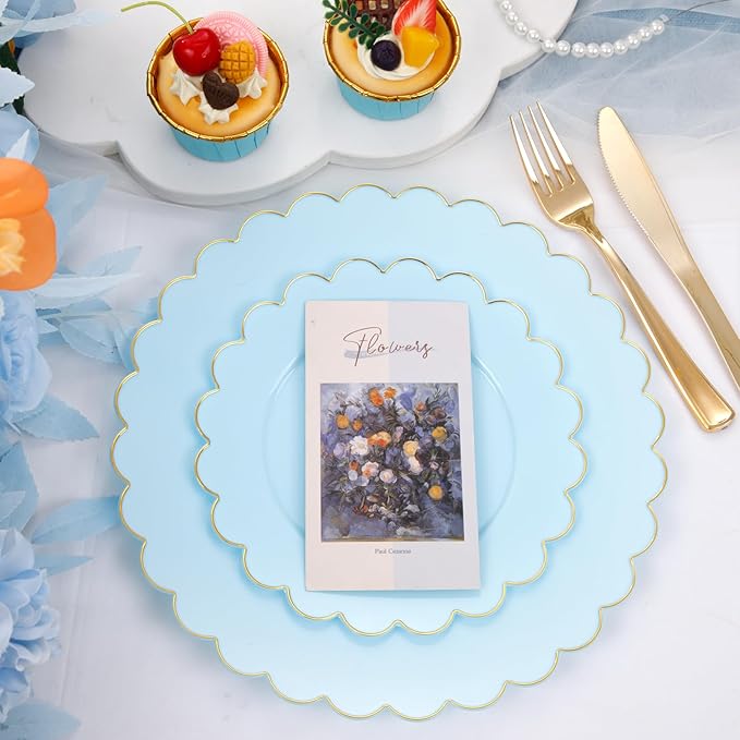 LIYH 60 Pcs Baby Blue Plastic Plates with Gold Edge - Disposable Light Blue Plastic Plates Includes 30 Dinner Plate 10.25" and 30 Dessert Plate 7.5" for Party Birthday