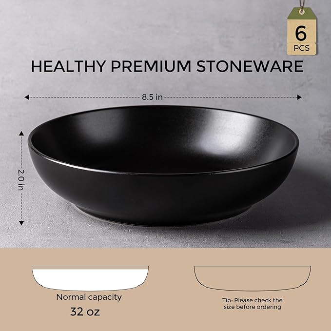 AmorArc 8.5 Inch Stoneware Pasta Bowls, 32oz Large Bowls Set of 6 for Kitchen, Wide Bowls for Pasta,Salad,Oatmeal, Microwave&Dishwasher Safe, Matte Black