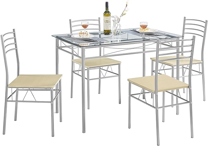 VECELO Dining Table Set for 4, 5-Piece Glass Kitchen Table with Chairs for Small Space, Breakfast Nook, Space-Saving, Silver