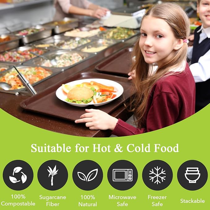 three leaf 10" 3 COMPARTMENT BAGASSE ROUND PLATE, 50 Ct. Heavy-Duty- Super Strong- Natural- Eco-Friendly Disposable Bagasse Plates, 100% Biodegradable 10 inch 3 compartment plates