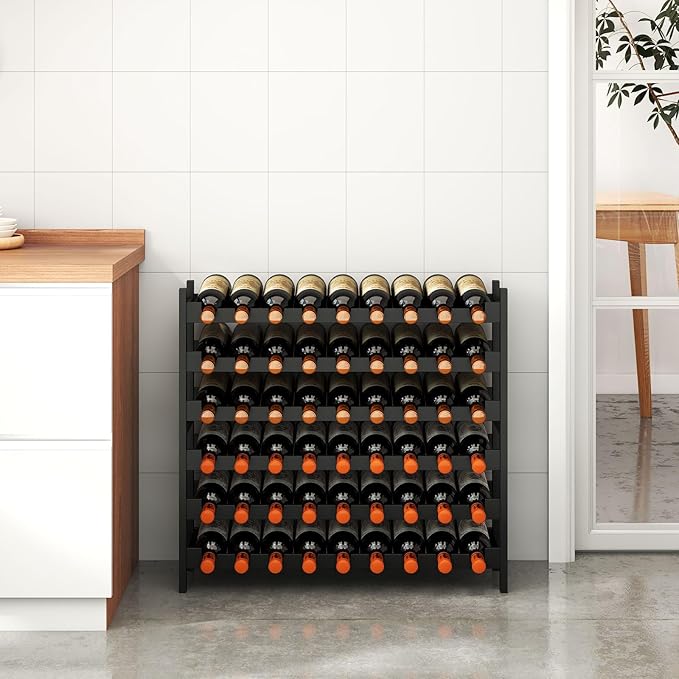 Wine Rack Freestanding Floor, Bamboo 6-Tier 51 Wine Bottle Holder Racks Countertop Cabinet Display, Wooden Stackable Modular Wine Storage Organizer Shelves for Kitchen Bar Cellar Dining Room Black