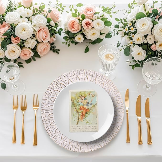 White Charger Plates, 13 Inch Set of 6 Plastic Peacock Chargers for Dinner Plates,Table Settings, Easter, Thanksgiving, Christmas Party, Family Gathering.