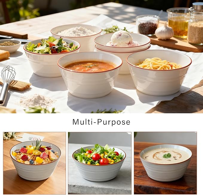Ceramic Bowls Set of 6, 27oz Deep Soup Bowls for Kitchen Large 6 Inch Bowl for Oatmeal, Cereal,Pasta, Fruit, Salad, Ramen, and Rice Dishwasher & Microwave Safe