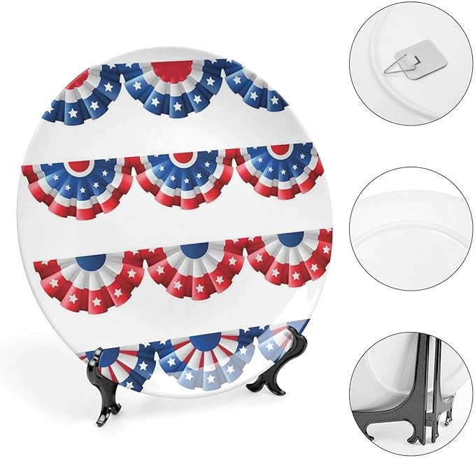 Ceramic Display Plate, American Flag Decor Ceramic Hanging Decorative Plate, Flag Round Bunting Election Ornament Pattern, 8 Inch, Household Custom Ceramic Plate, Blue Red