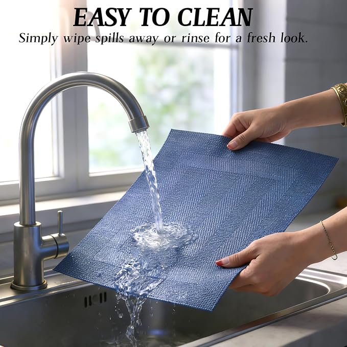 Timeet Blue Placemats Set of 6, Heat Resistant Non-Slip Place Mats, Durable Washable PVC Vinyl Woven Table Mats, Wipeable Placemats for Dining Table Easy to Clean