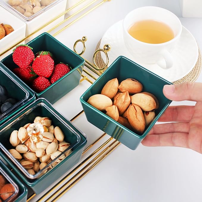 YA JU Ceramic Bowls and with Lid Gold Basket Trays, 6 Removable Small Bowls Condiment Trays Nut Serving Set for Snacks, Fruits, Candy and Condiments - Great for Parties, Holiday Gifts, Green