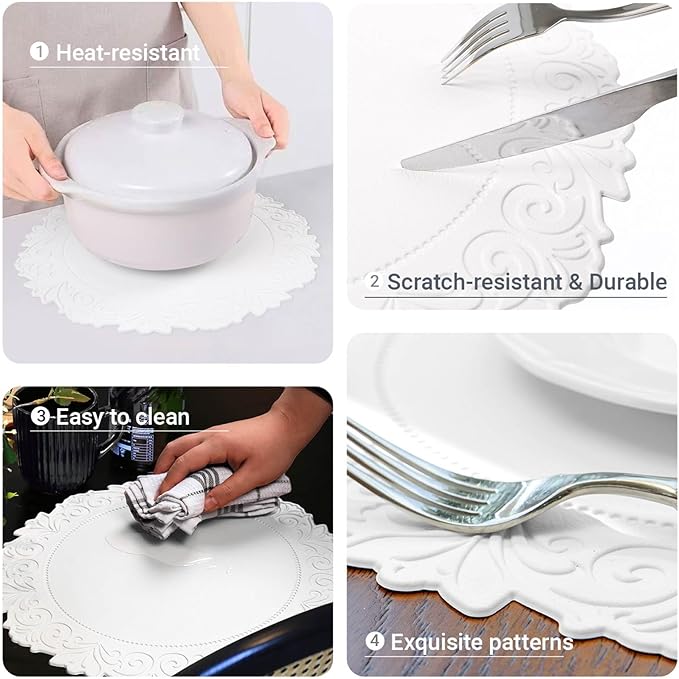 Noctiflorous Round Faux Leather 15 Inch Placemats Set of 6 Waterproof Wipeable Heat Resistant Tablemat for Dining Table Kitchen Non Slip Washable Oilproof Table Place Mat(White, 6)