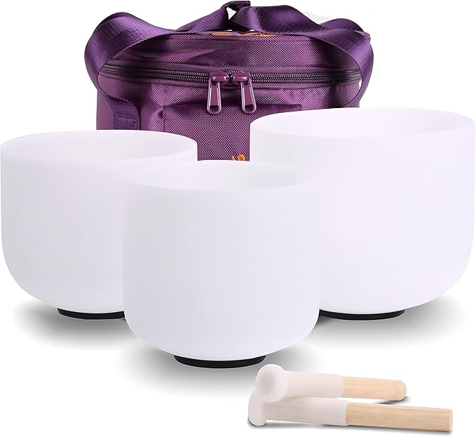 7inch 8inch 9inch Crystal singing bowls set sound bowl for healing Mindfulness, Meditation, Yoga, Spiritual and Body Healing Chakra Bowl (7C+8A+9G, 7inch+8inch+9inch with Travel bag)